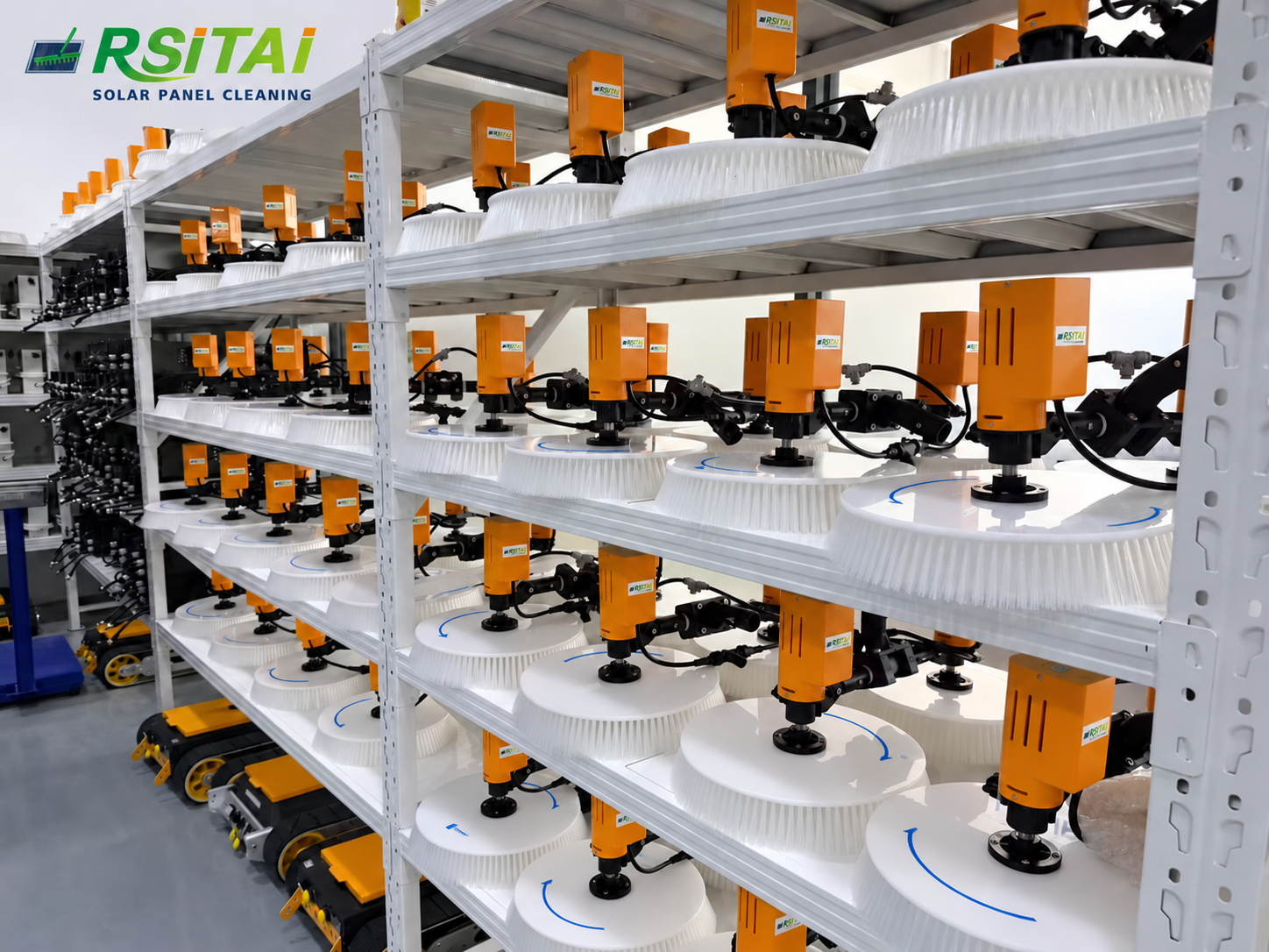 Shelves of solar panel cleaning brush assemblies