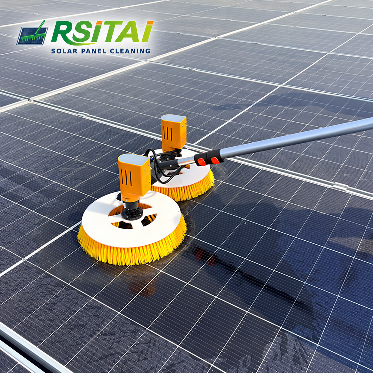 RST-SR2 dual-head brush cleaning solar panels with yellow bristles