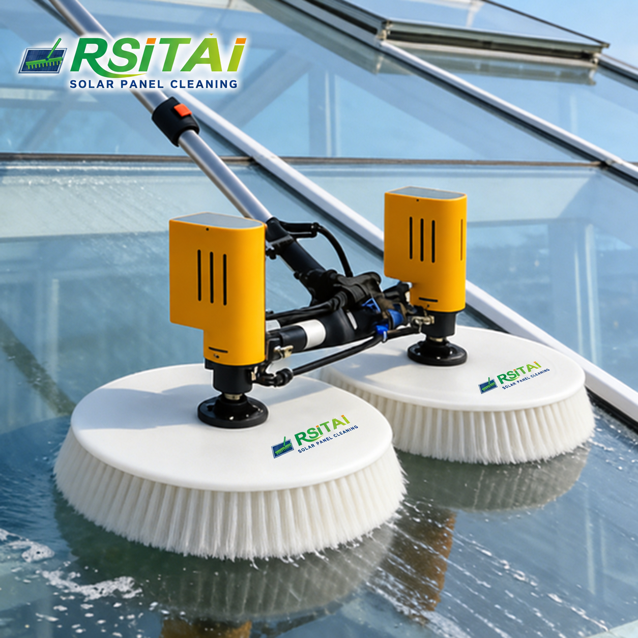 RSITAI dual-head brush cleaning a glass surface with water