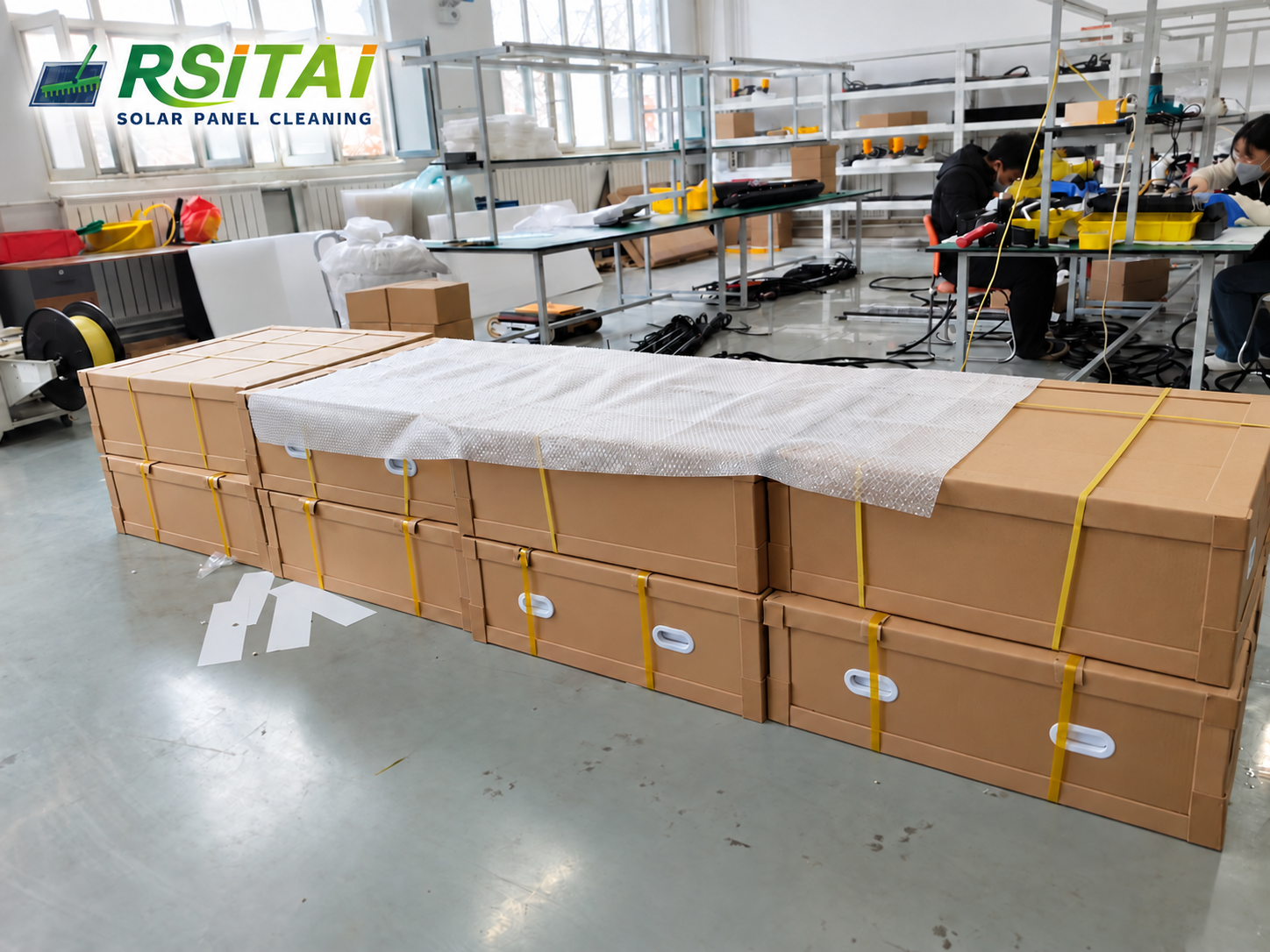 Solar panel cleaning equipment in plain shipping cartons with protective packing