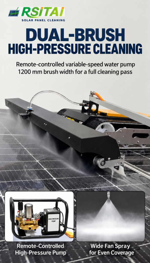 RSITAI dual-brush solar panel cleaning robot with high-pressure pump and fan spray