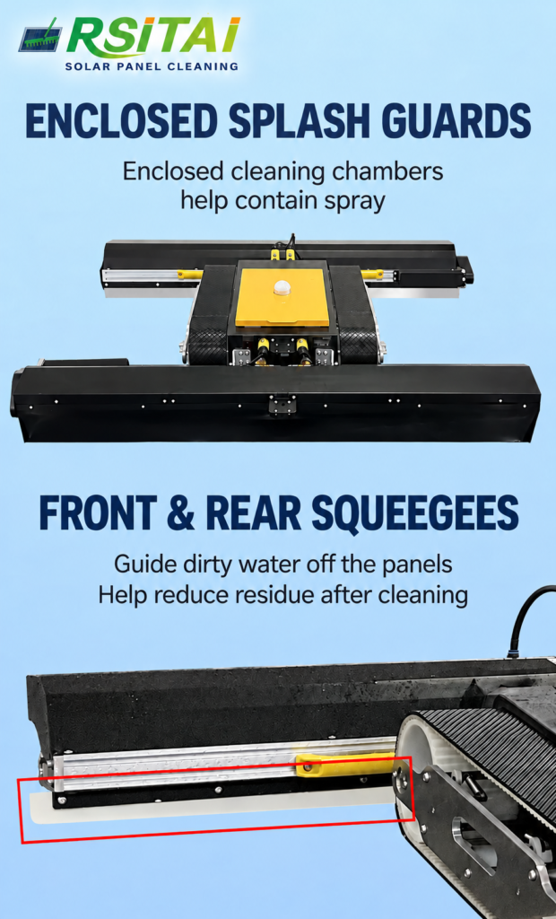 Enclosed splash guards and front and rear squeegees on the RSITAI cleaning robot