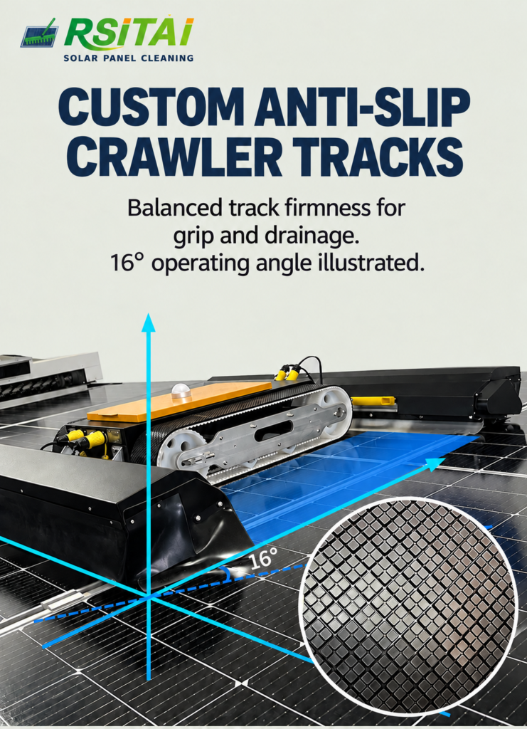 RSITAI solar panel cleaning robot with anti-slip crawler tracks and a 16-degree angle illustration