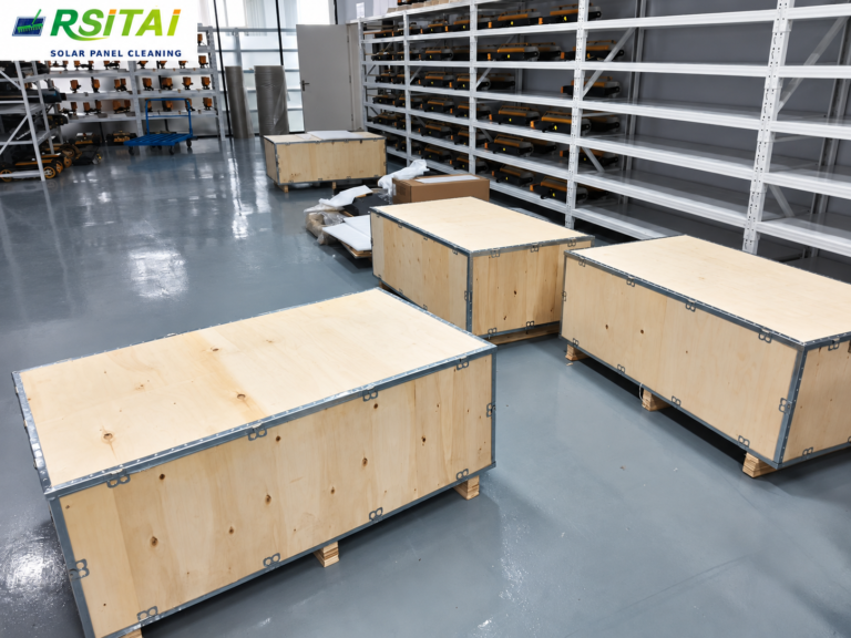 Wooden export crates with reinforced metal edges for solar panel cleaning equipment
