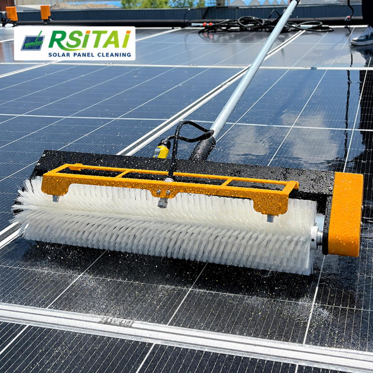 RSITAI solar panel roller cleaning brush with water spray on rooftop panels