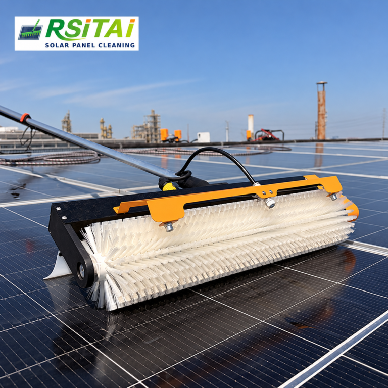 RSITAI solar panel roller brush and spray nozzles on a rooftop array