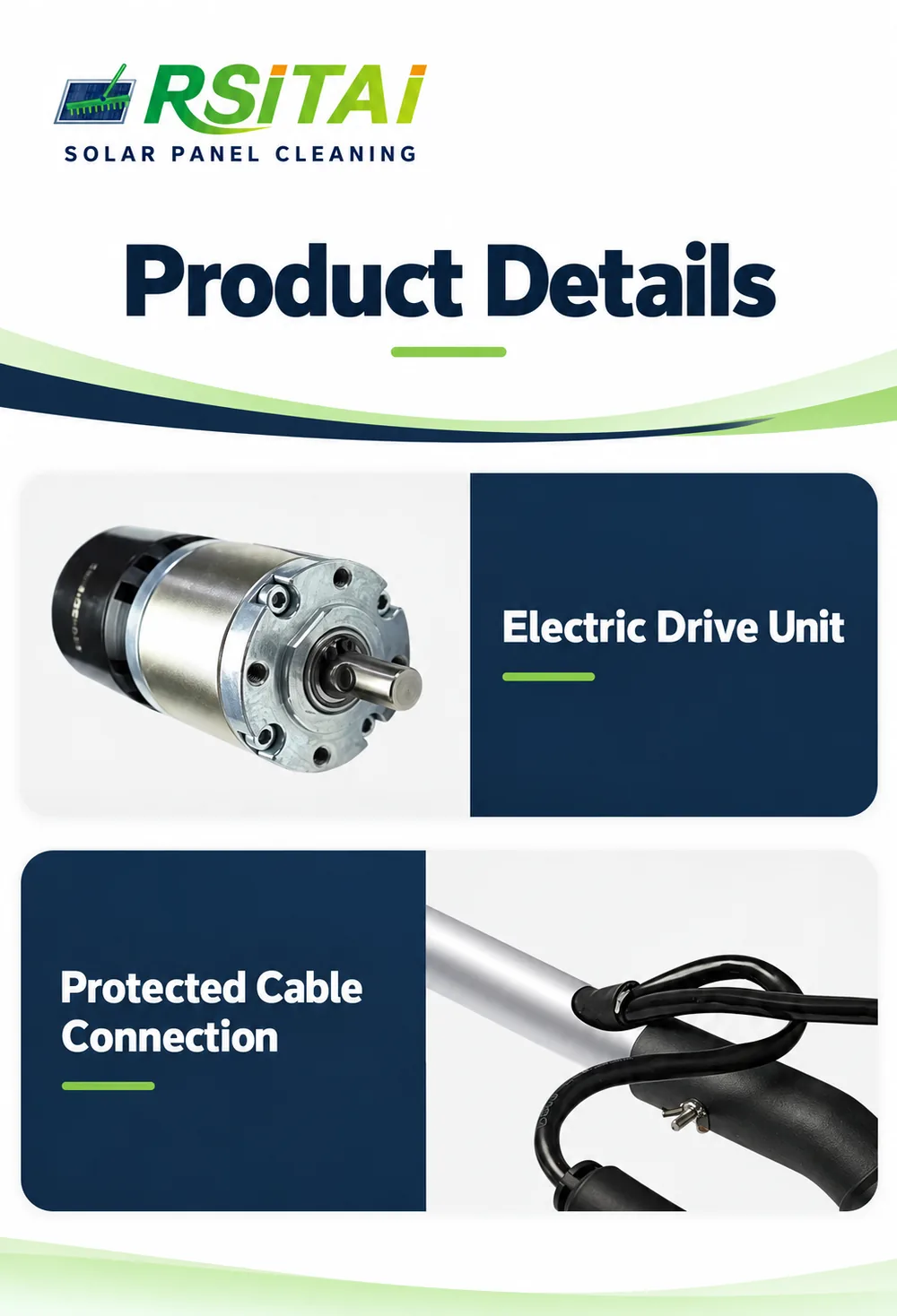Electric drive unit and cable connection details of the RSITAI single head solar panel cleaning brush